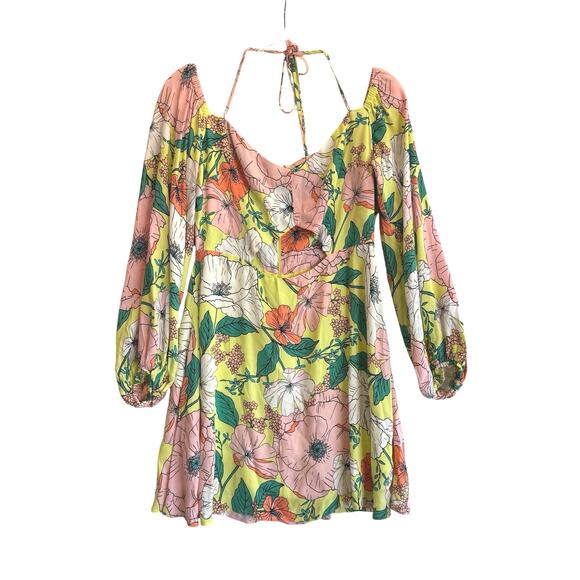 AFRM Dolly Mini Dress Spring Lime Bouquet Floral Cutout Off Shoulder L - Picture 3 of 10